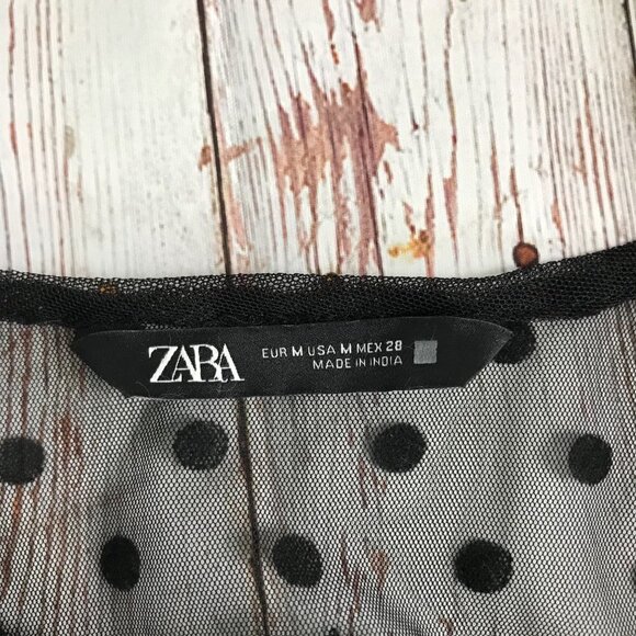 Zara Black Sheer Mesh Polka Dot/Floral Embroidery Midi Dress  Size Medium - Picture 6 of 9